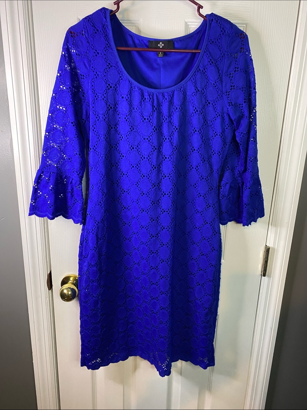 Ronni Nicole Royal Blue Lace Midi Dress with Flounce Sleeves Size 8.